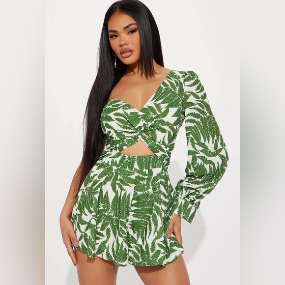 Pants - Green Fern Print Cutout Romper